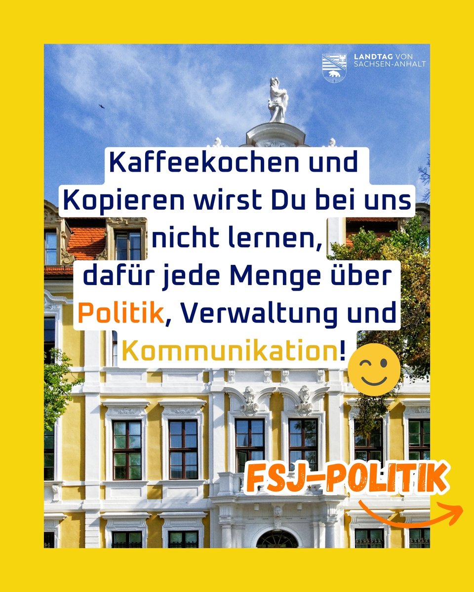 Wie du als junger Mensch im #FSJ-Politik Teil unserer Medienarbeit in der Landtagsverwaltung werden kannst, erfährst du über folgenden Link: landtag.sachsen-anhalt.de/fsjp-2025 Wir freuen uns auf deine Bewerbung! #ltlsa