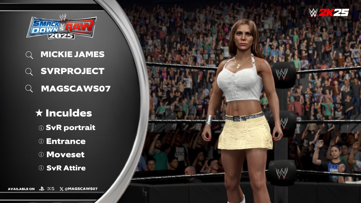 MAGSCAWS07's tweet image. NEW! #WWE2K25 Upload
⭑( MICKIE JAMES )
⭑ Search tag ➤ #MICKIEJAMES
⭑ Search tag ➤ #MAGSCAWS07
⭑ Search tag ➤ #SVRPROJECT
➪ Collaboration - @vic0uellet
⭑ INCLUDES
● SVR 07 render,
● Moveset,
● Entrance,
● SVR 07 Attire