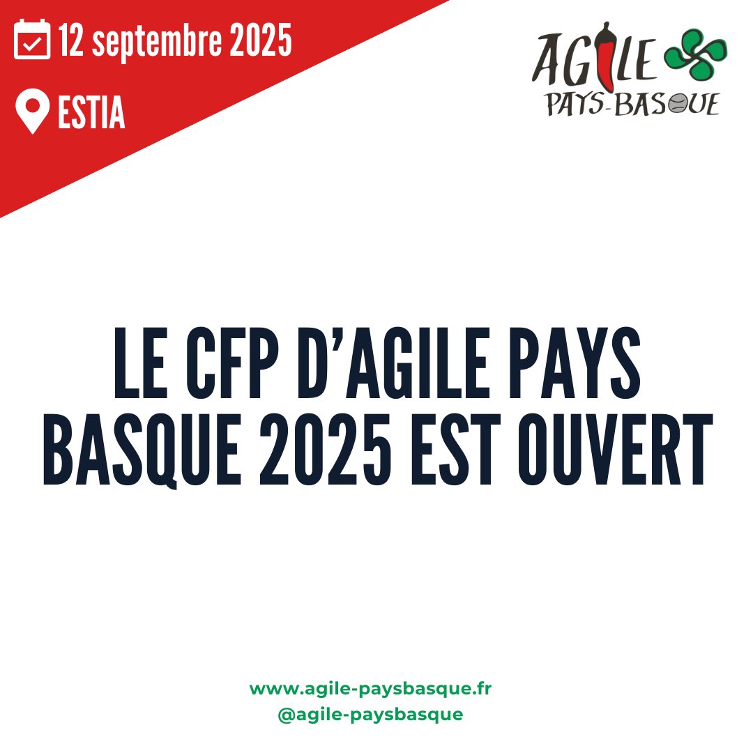 📢 Le CFP d’Agile Pays Basque 2025 est ouvert depuis une semaine !

👉 On vous attend vos propositions : conference-hall.io/agile-pays-bas….

👉 Envie d'être au courant des dernières infos ? Notre newsletter : agile-paysbasque.fr/newsletter/