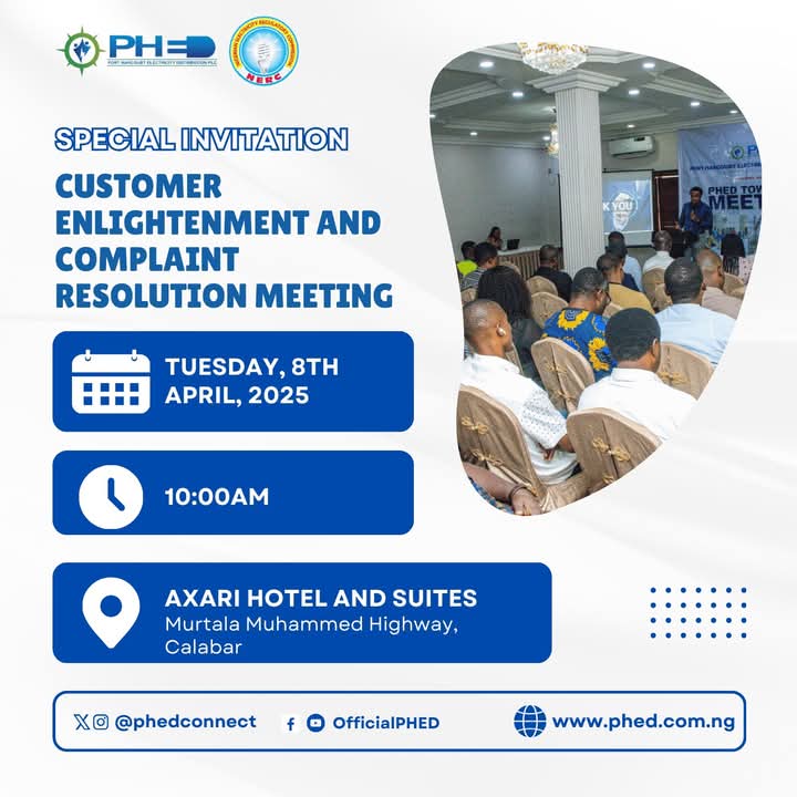 PHEDconnect's tweet image. NERC Customer Enlightenment and Complaint Resolution Meeting happening today in Calabar !!!

Venue: Axari Hotel and Suites, Calabar
Time: 10:00 AM

#EnlightenmentCampaign #PHED #NERC 
#crossriverstate
