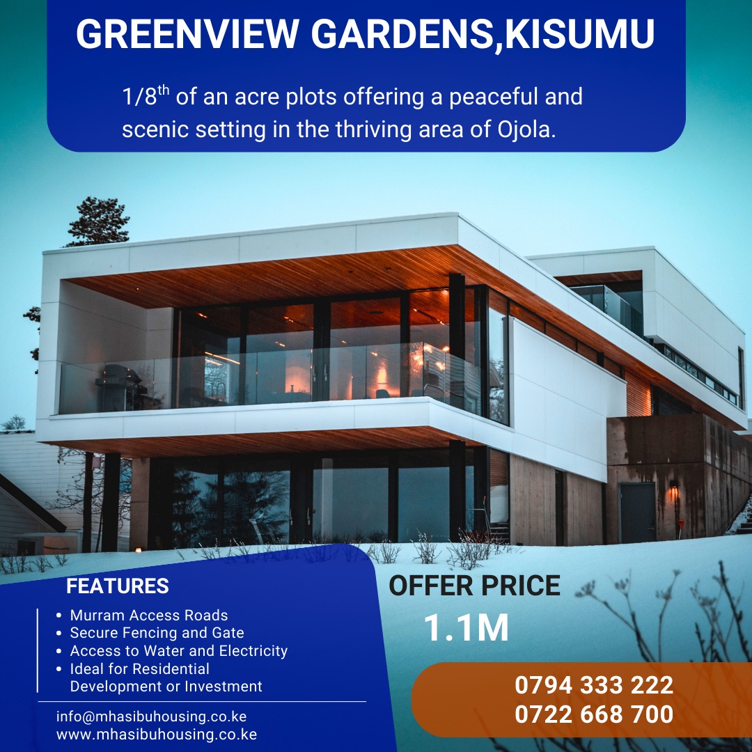 MhasibuHousing's tweet image. Nestled off the Kisumu-Busia Highway, just before Daraja Mbili, Greenview Gardens offers a peaceful and scenic setting in the thriving area of Ojola. Located only 300 meters from the highway, this serene location boasts breathtaking views of Riat Hills.