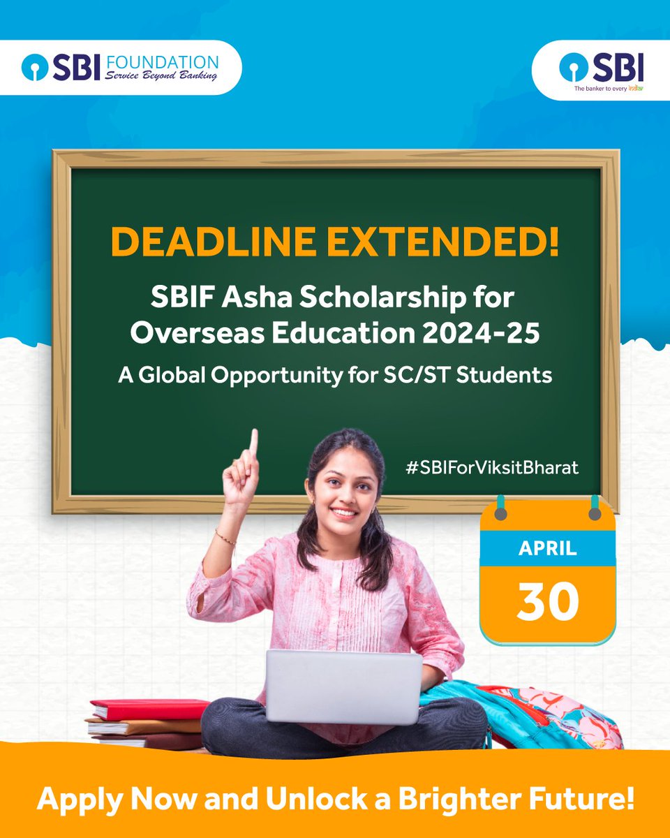 The SBIF Asha Scholarship Program for Overseas Education 2024-25 has pushed its deadline to April 30, 2025. Tailored for SC/ST scholars accepted at world-class universities.
Dive in and apply: b4s.in/a/SBIFO1 

#SBIFAshaScholarship #StudyAbroad #SCST #sbi