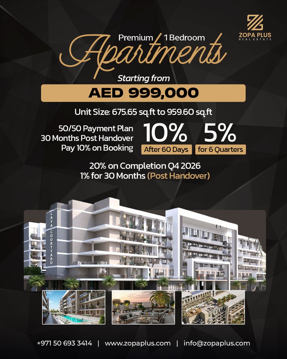 zopaplus's tweet image. ✨ Premium 1-Bedroom Apartments in Dubai Studio City - Starting from 999K
🔑 Key Features:
✔ Size: 675.65 sqft to 959.60 sqft
✔ Payment Plan: Flexible 50/50 Payment Plan + 30 Months Post Handover
✔ Pay 10% After 60 Days, 5% for 6 Quarters, 20% on Completion, 1% for 30 Months