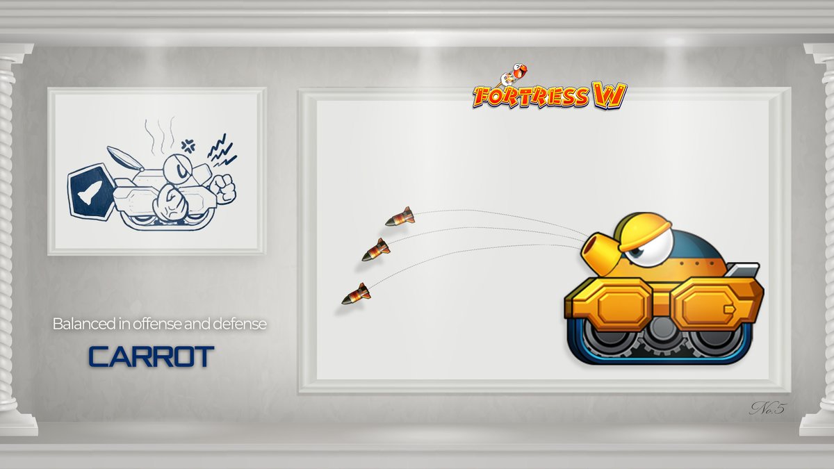 &lt;No. 5&gt;
🚨 Say hello to the Carrot Tank — one of Fortress’s legendary trio, alongside the Cannon and Missile Tanks! 🥕💣
With its well-balanced offense and defense, it’s the perfect all-rounder — ideal for newbies but powerful enough for veterans.

Its ultimate skill, Missile