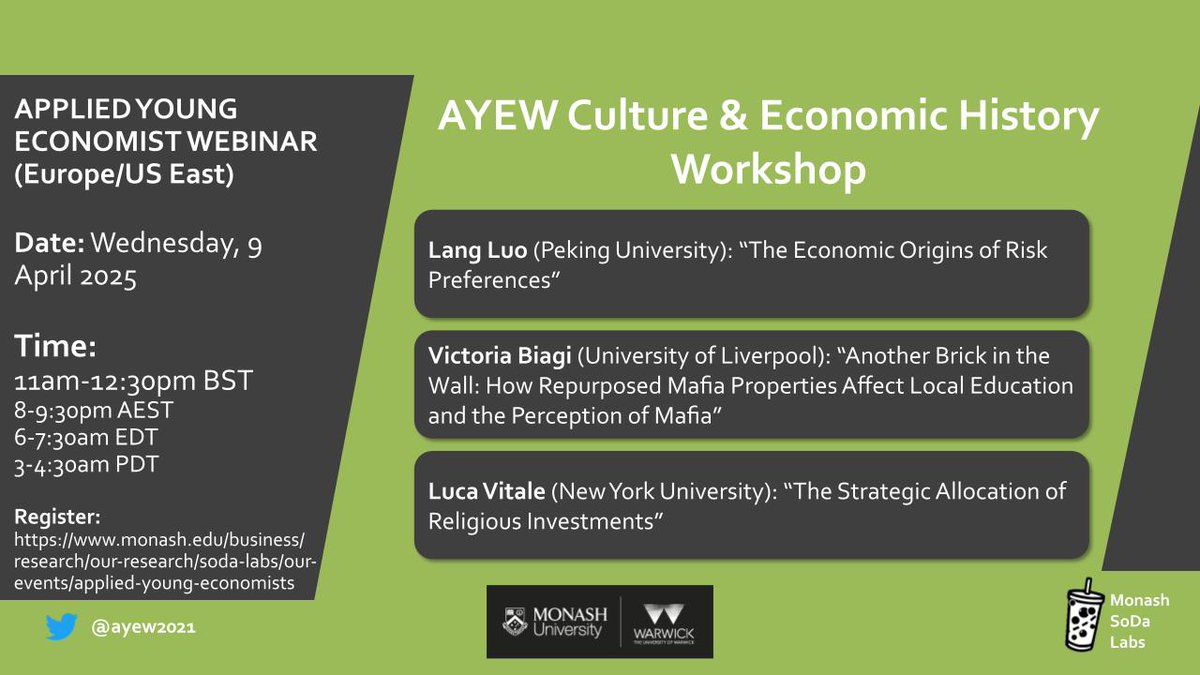 Applied Young Economist Webinar (@ayew2021) on Twitter photo TOMORROW (9 April): AYEW Culture & Economic History Workshop!
Join us at 11:00am BST to listen to Lang Luo (<a href="/PKU1898/">Peking University</a>), <a href="/VictoriaBi74104/">Victoria Biagi</a> (<a href="/LivUni/">University of Liverpool</a>) and <a href="/Luca_vitalee/">Luca_vitale</a> (<a href="/nyuniversity/">New York University</a>)
Sign up for Zoom details: monash.edu/business/impac… TOMORROW (9 April): AYEW Culture & Economic History Workshop!
Join us at 11:00am BST to listen to Lang Luo (<a href="/PKU1898/">Peking University</a>), <a href="/VictoriaBi74104/">Victoria Biagi</a> (<a href="/LivUni/">University of Liverpool</a>) and <a href="/Luca_vitalee/">Luca_vitale</a> (<a href="/nyuniversity/">New York University</a>)
Sign up for Zoom details: monash.edu/business/impac…