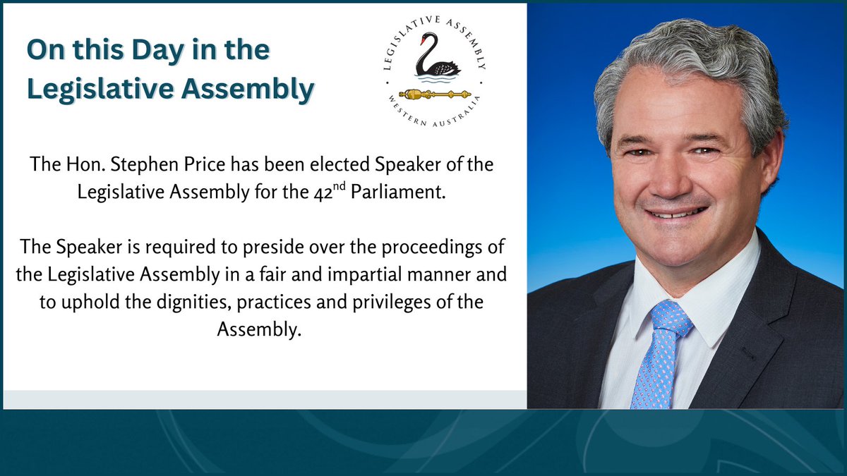 The Hon. Stephen Price has been elected Speaker of the Legislative Assembly for the 42nd Parliament. 

Learn more about the Speaker in the Legislative Assembly: ow.ly/ILOT50VwfYl

#WAParliament