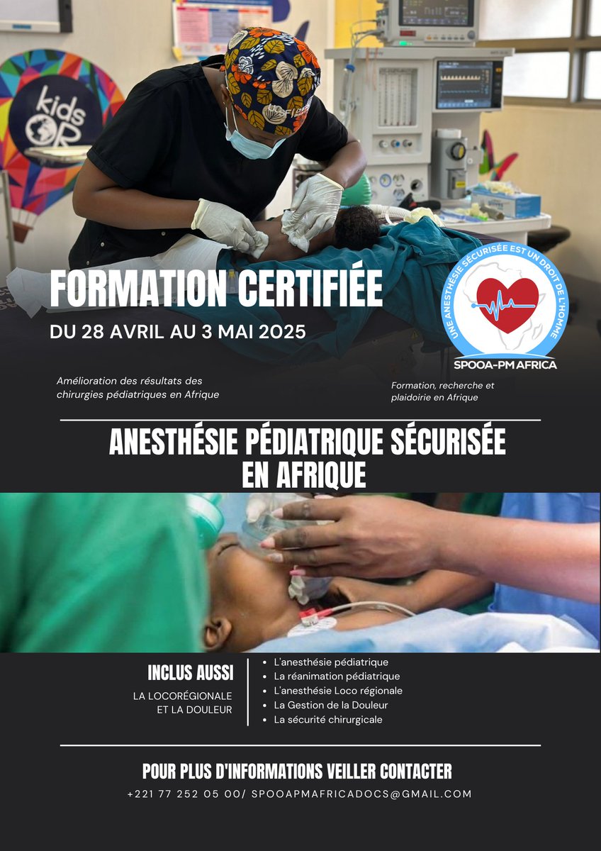 SPOOA-PM AFRICA SAFE ANESTHESIA (@spooa_pm_africa) on Twitter photo FORMATION CLASSE VIRTUELLE CERTIFIÉE SUR L'ANESTHÉSIE PÉDIATRIQUE SÉCURISÉE EN AFRIQUE
⏩ Du 28 Avril au 3 Mai 2025
Voici le lien d'inscription ⏬
form.jotform.com/250964666439572
Les inscriptions expirent bientôt ⚠️
more info ? :
+221 77 25 20 500
spooapmafricadocs@gmail.com FORMATION CLASSE VIRTUELLE CERTIFIÉE SUR L'ANESTHÉSIE PÉDIATRIQUE SÉCURISÉE EN AFRIQUE
⏩ Du 28 Avril au 3 Mai 2025
Voici le lien d'inscription ⏬
form.jotform.com/250964666439572
Les inscriptions expirent bientôt ⚠️
more info ? :
+221 77 25 20 500
spooapmafricadocs@gmail.com
