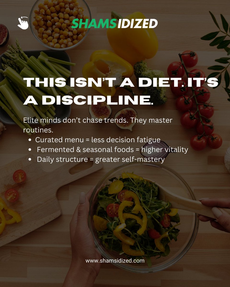 shamsidized's tweet image. Too many food choices? You&apos;re burning energy on the wrong decisions.
High-performers eat with intention.
Minimal diet = maximal clarity.
Bonus: it’s better for the planet.
#Shamsidized #MindfulLiving #PerformanceHacks #EatSmart