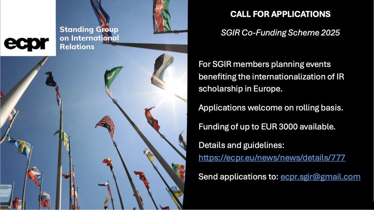 ECPR SG on International Relations (SGIR) (@ecpr_sgir) on Twitter photo Are you an <a href="/ECPR_SGIR/">ECPR SG on International Relations (SGIR)</a> member planning an event benefiting the internationalization of IR scholarship in Europe? Apply to us for co-funding! Details and guidelines: ecpr.eu/news/news/deta…. Send your applications to ecpr.sgir@gmail.com. Are you an <a href="/ECPR_SGIR/">ECPR SG on International Relations (SGIR)</a> member planning an event benefiting the internationalization of IR scholarship in Europe? Apply to us for co-funding! Details and guidelines: ecpr.eu/news/news/deta…. Send your applications to ecpr.sgir@gmail.com.