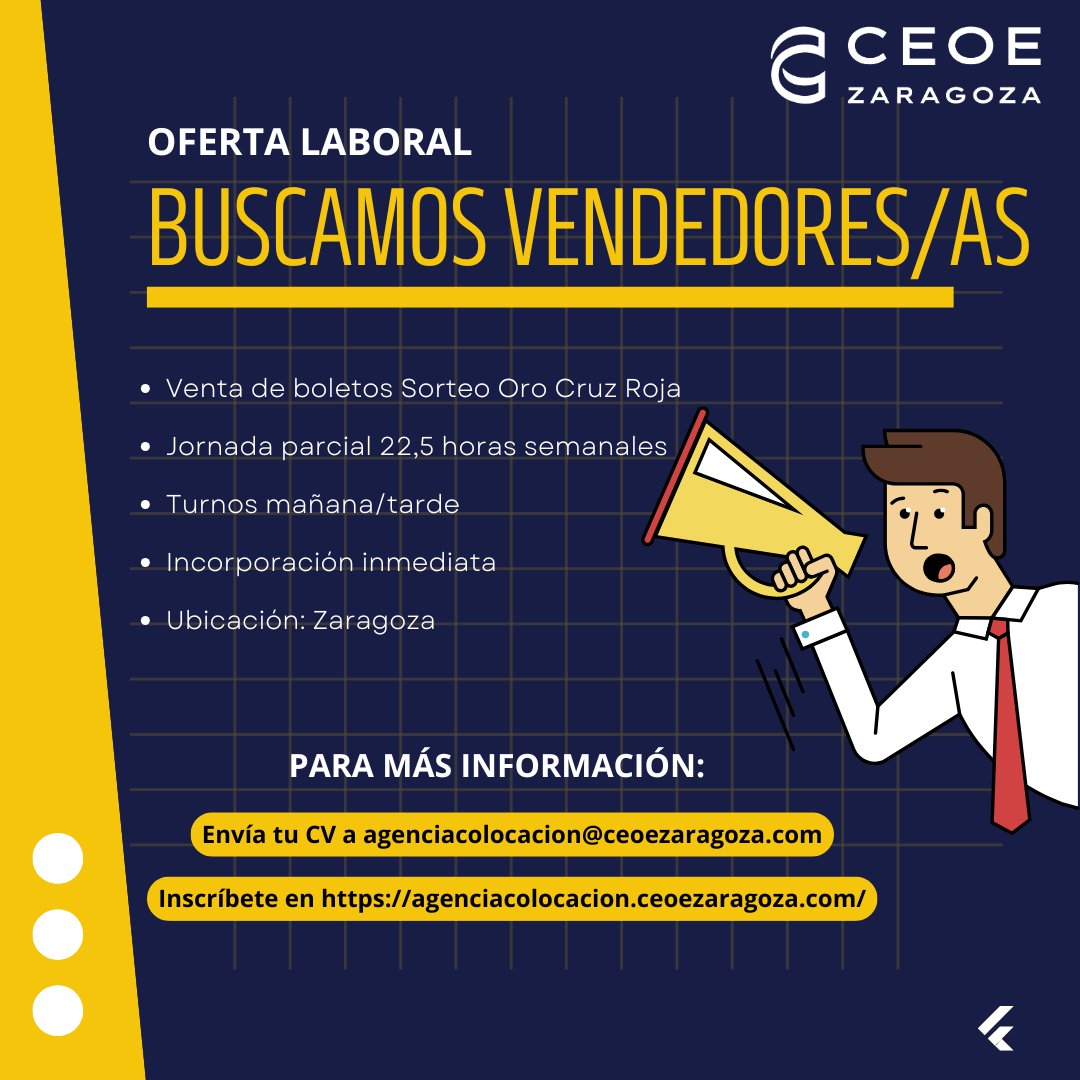 🎯 ¡Oportunidad de empleo en Zaragoza!
Cruz Roja Española busca 25 vendedores/as para el 𝐒𝐨𝐫𝐭𝐞𝐨 𝐝𝐞 𝐎𝐫𝐨 💛

📍 Zaragoza
 🕒 22,5h semanales
 📆 Contrato hasta el 21 de julio
 🔁 Turnos rotativos
 🚀 Incorporación inmediata
🔗 Inscríbete ya: lnkd.in/d-PmzJMp
