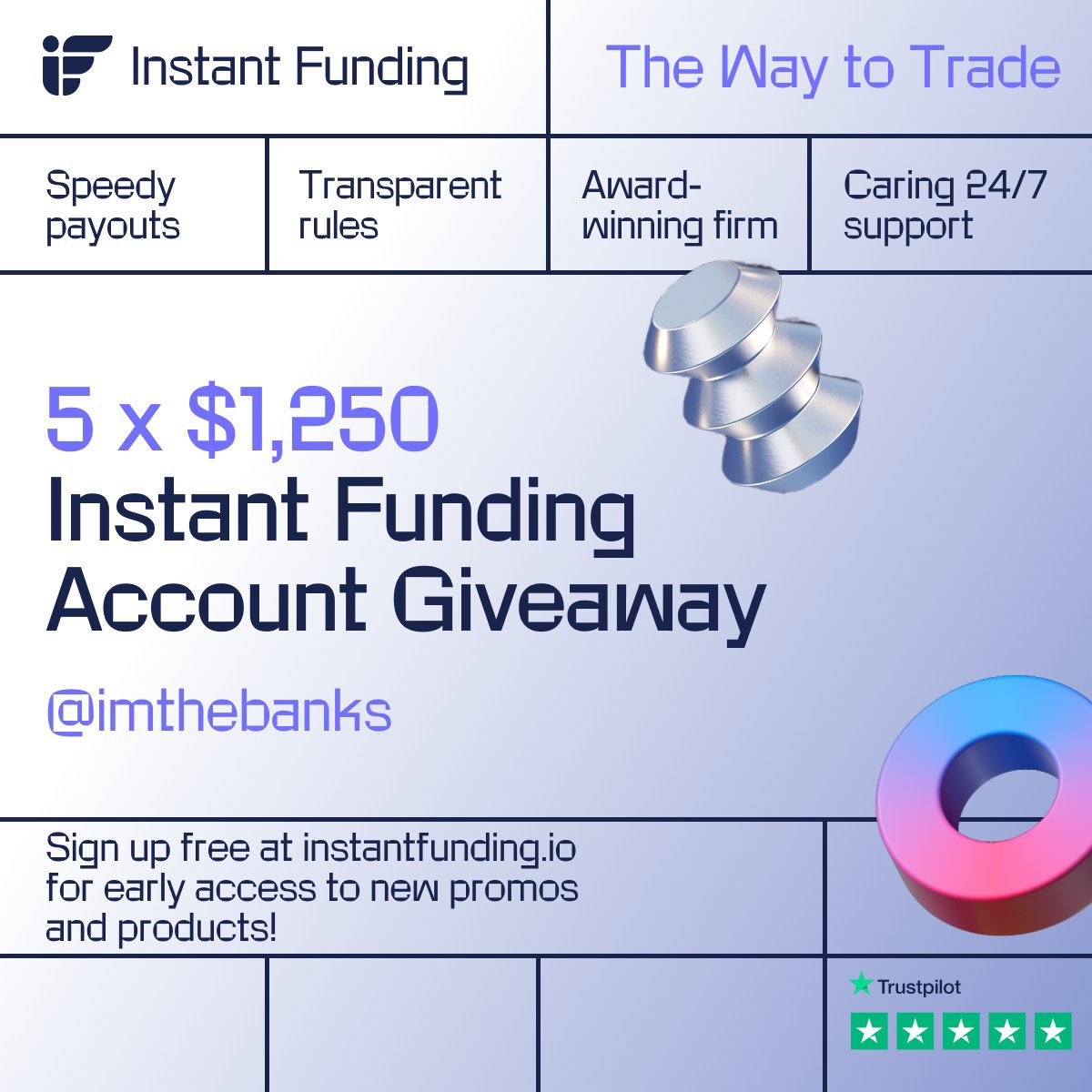 The Banks (@imthebanks) on Twitter photo 🎉GIVEAWAY ALERT🎉
5 x $1,250 Instant Funding Accounts w/ <a href="/InstantFunding_/">Instant Funding</a> 🎁
Instructions :
⚡ Like and retweet this post
⚡ Follow : <a href="/InstantFunding_/">Instant Funding</a> , <a href="/ImTheBanks/">The Banks</a> , <a href="/LewisM_IF/">Lewis | Instant Funding CEO</a>
- Tag 4 Friends
- join DC - discord.gg/instantfunding
Winners on 17th April ⏳ 🎉GIVEAWAY ALERT🎉
5 x $1,250 Instant Funding Accounts w/ <a href="/InstantFunding_/">Instant Funding</a> 🎁
Instructions :
⚡ Like and retweet this post
⚡ Follow : <a href="/InstantFunding_/">Instant Funding</a> , <a href="/ImTheBanks/">The Banks</a> , <a href="/LewisM_IF/">Lewis | Instant Funding CEO</a>
- Tag 4 Friends
- join DC - discord.gg/instantfunding
Winners on 17th April ⏳