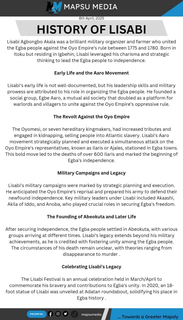 MapsuMedia's tweet photo. Last week, Lisabi day was celebrated in Abeokuta. Let's endeavour to read a summary of Lisabi history 💫✨ #mapoly #mapsumedia #historyday https://t.co/wRcbkk5J2r