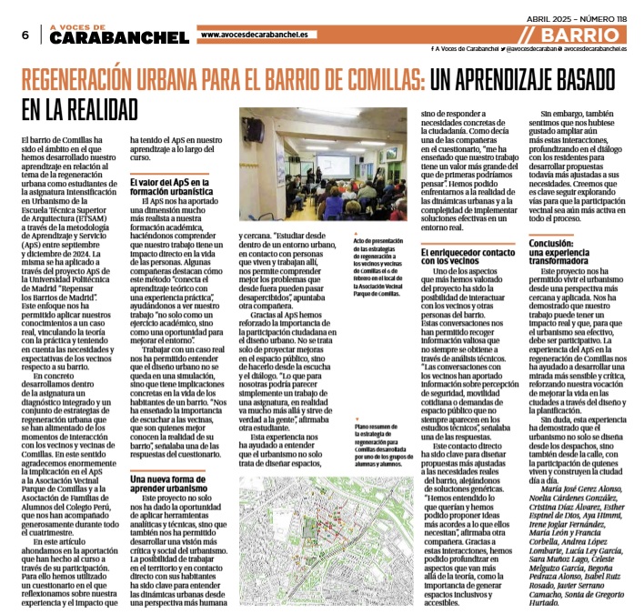 Alumnas de la asignatura "Intensificación en Urbanismo" de la ETS Arquitectura relatan su experiencia de Aprendizaje-Servicio en el barrio madrileño de Comillas, Carabanchel.  
[avocesdecarabanchel.es/pdf-n8086 pag. 6] #somosUPM #ApSupm <a href="/s_dgregorio/">Sonia De Gregorio</a> #AprendizajeServicio #lecturaSugeridaIE