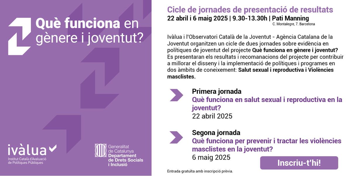 #IvàluaActivitats
Cicle de jornades del projecte Què funciona en gènere i joventut? d'Ivàlua i <a href="/dsocialscat/">Drets Socials i Inclusió</a> amb <a href="/joventutcat/">Joventut</a> #ObsCatJove i <a href="/igualtatcat/">Igualtat i Feminisme</a>
Presentació d'evidències:
🟣Salut sexual i reproductiva
🟣Violències masclistes
🗓️22 abril i 6 maig
ivalua.cat/ca/activitat/q…