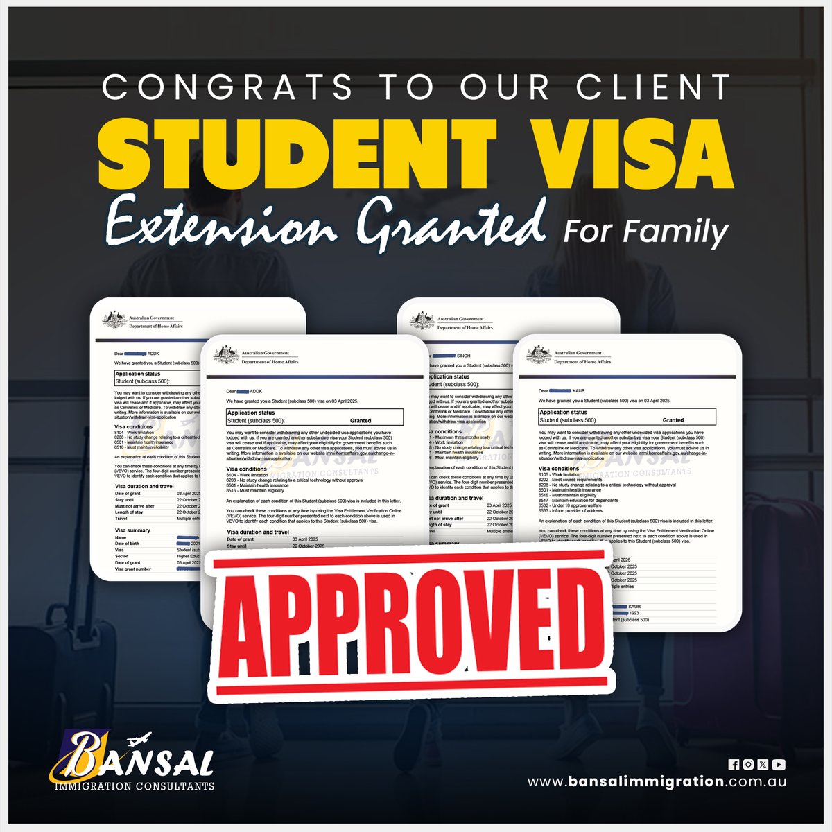 Bansalimmi's tweet image. 🎉 BIG Congratulations to our amazing clients on their Student Visa (Subclass 500) Extension GRANT as a family! 🇦🇺📚
Your journey to a brighter future in Australia just got officially approved ✅

#StudentVisa #VisaGranted #Subclass500 #FamilyVisa  #BansalImmigration
