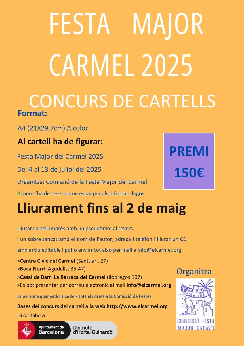 Participa!!!!!!
Pots guanyar 150€ en el concurs de cartells de la Festa Major del Carmel 2025