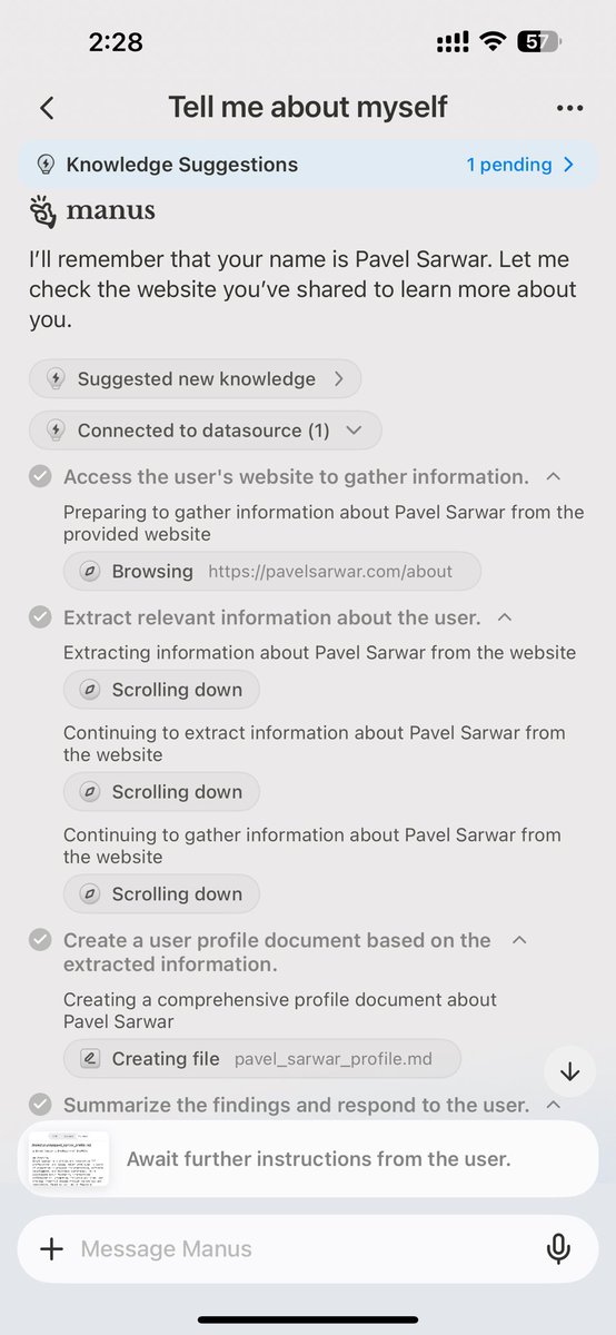pavelsarwar's tweet image. Teaching AI is fun 😎 @ManusAI_HQ will be game changer. 

#TeachTheMachine #AI
