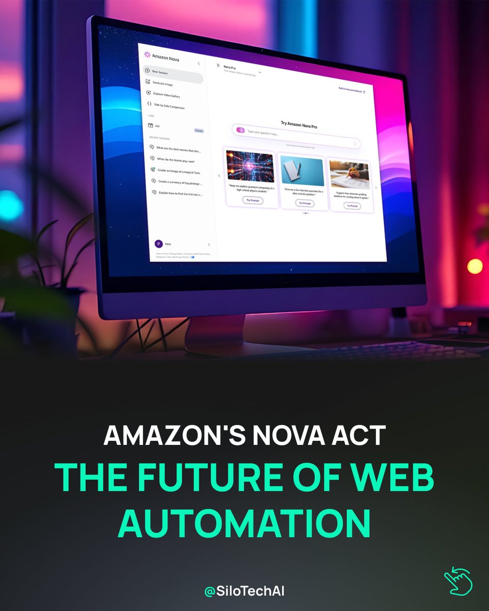 SiloTechAI's tweet image. 🤖 @amazon&apos;s Nova ACT: The Future of Web Automation!

Amazon just unveiled an AI agent that can browse the web just like you do.

Are you using AI automation in your business? 
Let&apos;s discuss how we can further develop your business automation with @SiloTechAI 

#AmazonAI #NovaACT