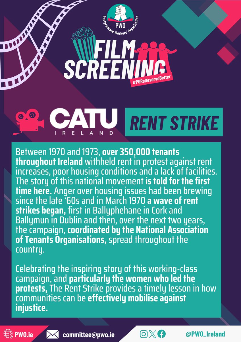 PWO Ireland (@pwo_ireland) on Twitter photo Calling all PhD researchers in and around Dublin!
Join us for a film screening and discussion next Thursday 17th at 7:30pm in TCD.
We'll be watching <a href="/CatuIreland/">CATU Ireland</a>'s brilliant film "The Rent Strike", and chatting about what lessons we can learn for our own union organising. Calling all PhD researchers in and around Dublin!
Join us for a film screening and discussion next Thursday 17th at 7:30pm in TCD.
We'll be watching <a href="/CatuIreland/">CATU Ireland</a>'s brilliant film "The Rent Strike", and chatting about what lessons we can learn for our own union organising.