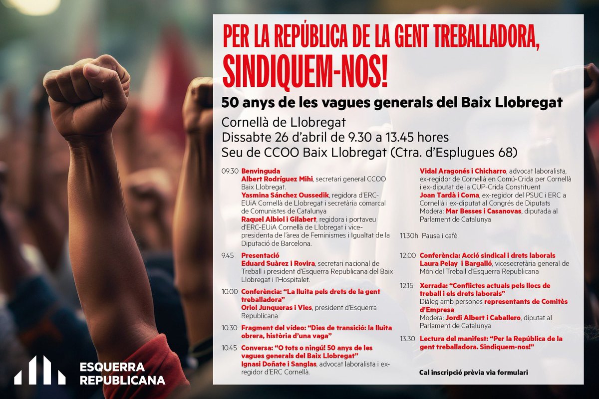 Baptista Silanes (@bsilanes) on Twitter photo Important acte d’<a href="/Esquerra_ERC/">Esquerra Republicana</a> per conmemorar els 50 anys de les vagues del Baix Llobregat.
Amb convidats i convidades de luxe.
Sindiquem-mos!! Important acte d’<a href="/Esquerra_ERC/">Esquerra Republicana</a> per conmemorar els 50 anys de les vagues del Baix Llobregat.
Amb convidats i convidades de luxe.
Sindiquem-mos!!