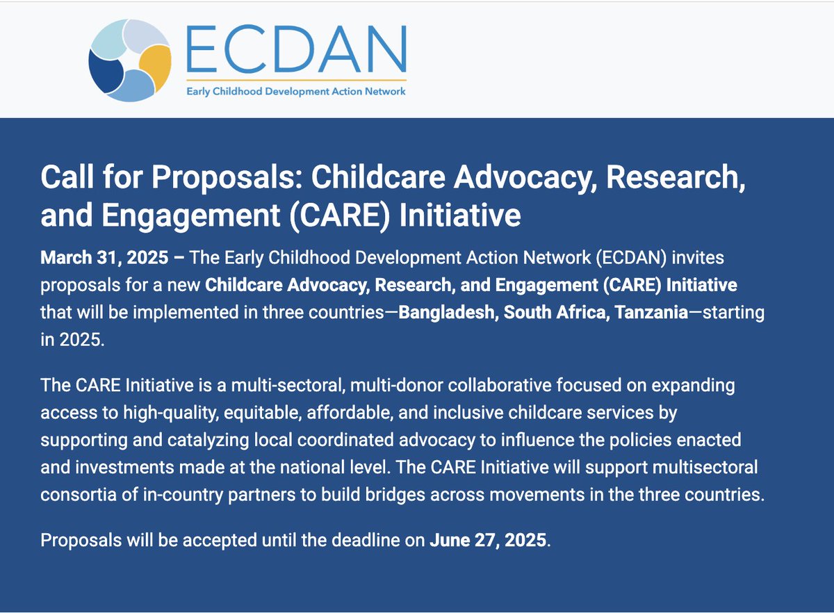 Moving Minds Alliance (@movingmindsecd) on Twitter photo <a href="/ECDAction/">Early Childhood Development Action Network (ECDAN)</a> is inviting proposals from partners in Bangladesh, South Africa & Tanzania for its newly launched CARE initiative, which is part of their global childcare campaign.
For more details, please visit lnkd.in/ej8nTQbv or email info@ecdan.org with any questions. <a href="/ECDAction/">Early Childhood Development Action Network (ECDAN)</a> is inviting proposals from partners in Bangladesh, South Africa & Tanzania for its newly launched CARE initiative, which is part of their global childcare campaign.
For more details, please visit lnkd.in/ej8nTQbv or email info@ecdan.org with any questions.