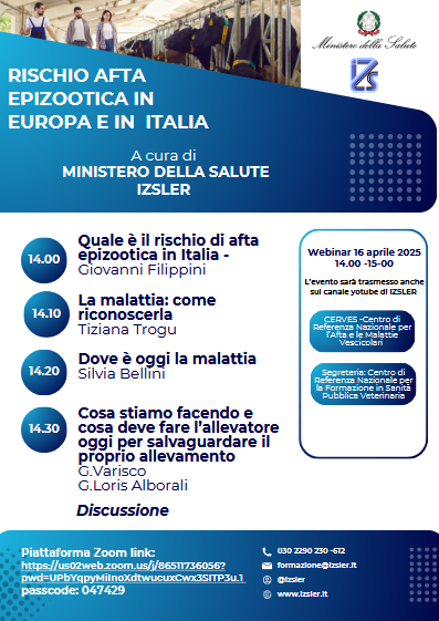 Webinar: Rischio afta epizootica in Europa e in Italia, 16 aprile 2025. Link per l'accesso:bit.ly/4i3a1Y7. L’evento sarà anche trasmesso sul canale live youtube IZSLER
#izsler #aftaepizootica