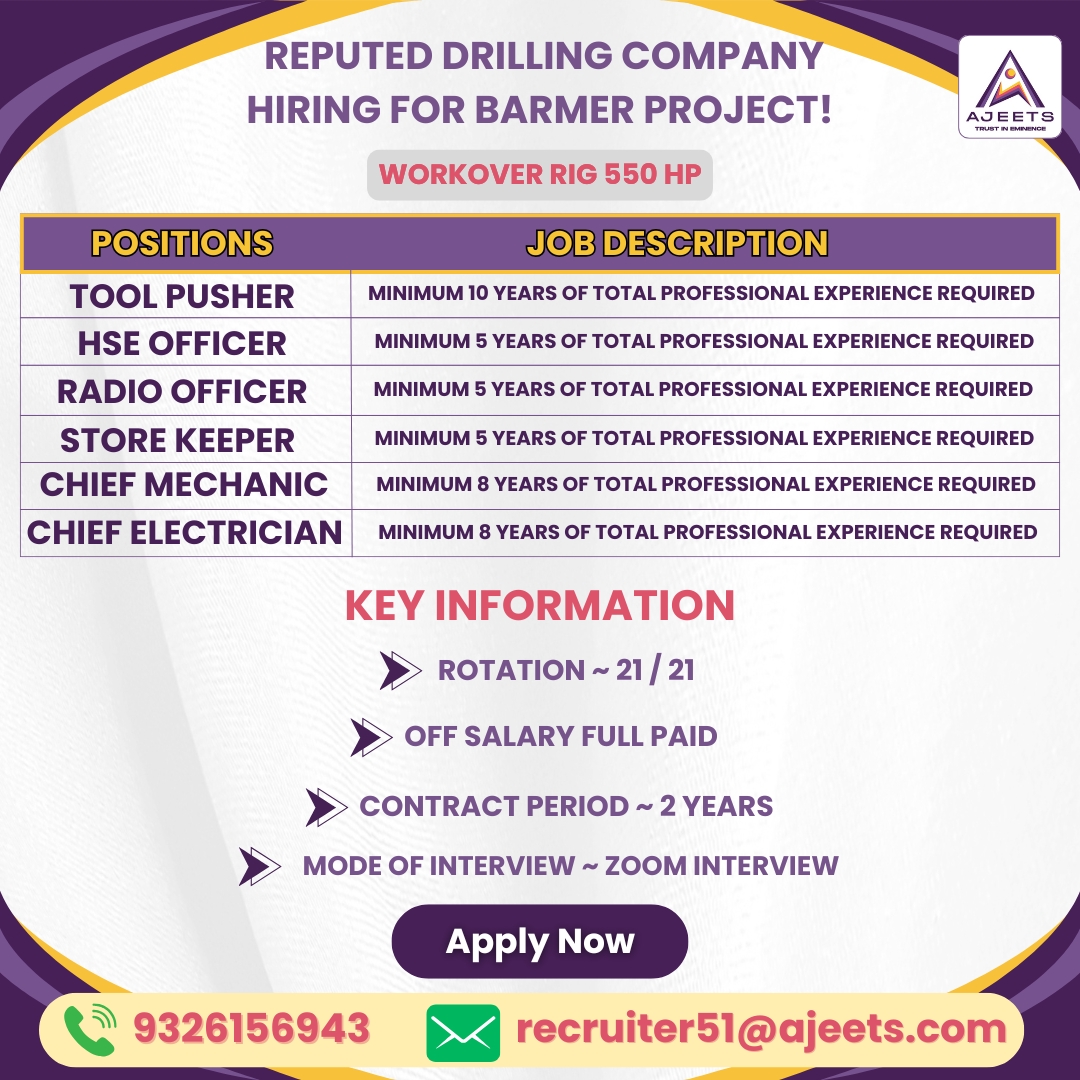 ajeetsholding's tweet image. 🚨 Hiring for Barmer Project – Workover Rig 550 HP! 

Open roles: Tool Pusher, HSE Officer, Radio Officer, Store Keeper, Chief Mechanic, Chief Electrician.  

📩recruiter51@ajeets.com |  📞9326156943   

#BarmerProject #IndiaJobs #zoominterview #ajeetsconsultancy