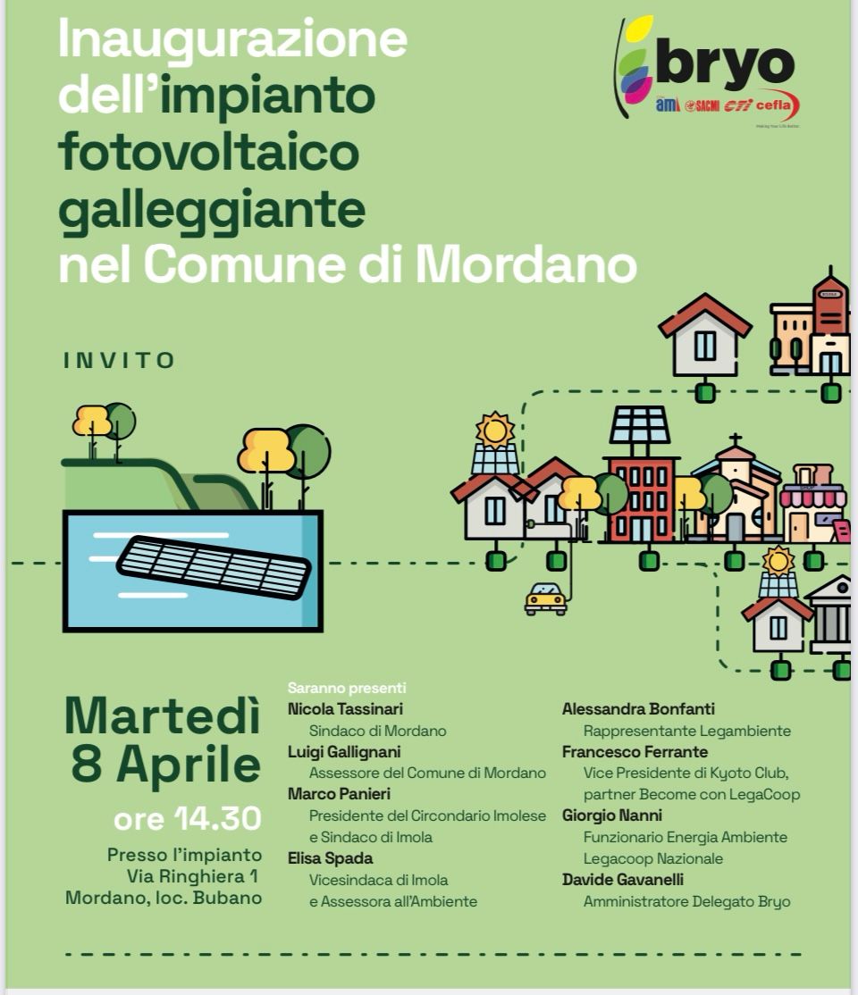 Kyoto Club (@kyoto_club) on Twitter photo 📣 Oggi si terrà l'inaugurazione dell'impianto fotovoltaico galleggiante nel Comune di Mordano! ☀️💧
Siamo onorati di annunciare la presenza del Vicepresidente di Kyoto Club, <a href="/FranFerrante/">Francesco Ferrante</a> , che parteciperà per celebrare questo importante passo verso la transizione energetica. 📣 Oggi si terrà l'inaugurazione dell'impianto fotovoltaico galleggiante nel Comune di Mordano! ☀️💧
Siamo onorati di annunciare la presenza del Vicepresidente di Kyoto Club, <a href="/FranFerrante/">Francesco Ferrante</a> , che parteciperà per celebrare questo importante passo verso la transizione energetica.