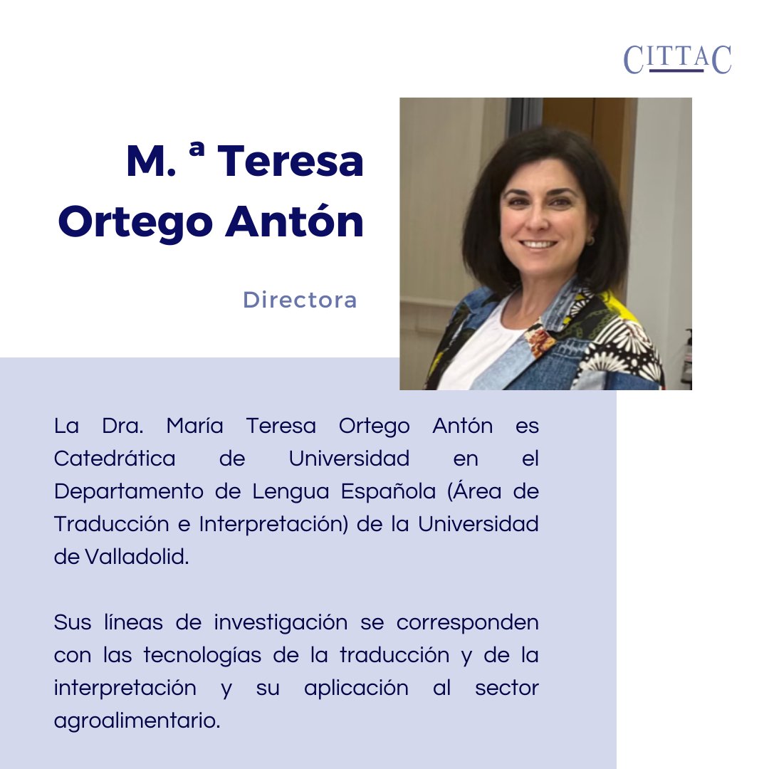 CITTAC (@cittac_uva) on Twitter photo 📢👥 Damos inicio a una serie de publicaciones para que conozcáis a quienes integran nuestro equipo.
Empezamos con nuestra directora, la Dra. Teresa Ortego Antón (<a href="/tortego1/">Teresa Ortego</a>).
#CITTAC #UVa #presentación #traducción #interpretación #equipo #xl8 #research 📢👥 Damos inicio a una serie de publicaciones para que conozcáis a quienes integran nuestro equipo.
Empezamos con nuestra directora, la Dra. Teresa Ortego Antón (<a href="/tortego1/">Teresa Ortego</a>).
#CITTAC #UVa #presentación #traducción #interpretación #equipo #xl8 #research