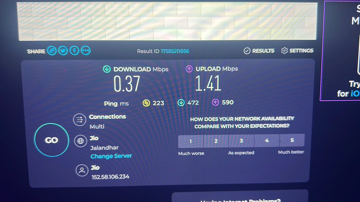 realhimm's tweet photo. @JioCare REMINDER @JioCare  
look this is speed i am getting. Kindly disconnect if you cant give solution. And refund my money. https://t.co/3z9AUBySKe