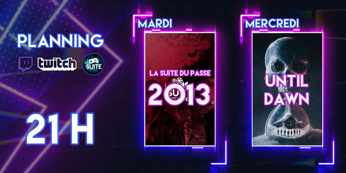 Cette semaine sur <a href="/TwitchFR/">Twitch FR</a> : 
MARDI : retour en 2013 pour une belle soirée ciné 🎥
MERCREDI : c'est parti pour l'horreur 😱