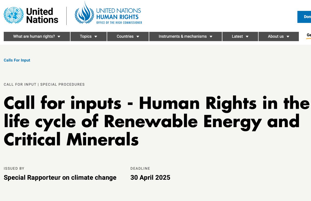 ⏰ Quedan todavía unas semanas para compartir información para la preparación de mi informe temático sobre derechos humanos en el contexto de energías renovables y minerales críticos

👉 ohchr.org/en/calls-for-i…