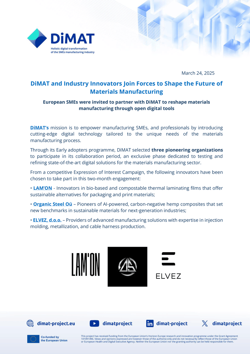 F6S_Gov's tweet photo. 💡 Meet the 3 pioneers in the @dimatproject's Early Adopters Programme!

LAM'ON: Compostable laminates
Organic Steel Oü: AI + carbon-negative hemp
ELVEZ o.o.o: Smart injection molding &amp; cabling

🔗 https://t.co/DMENqOgrzT https://t.co/3H1rqrOhBl