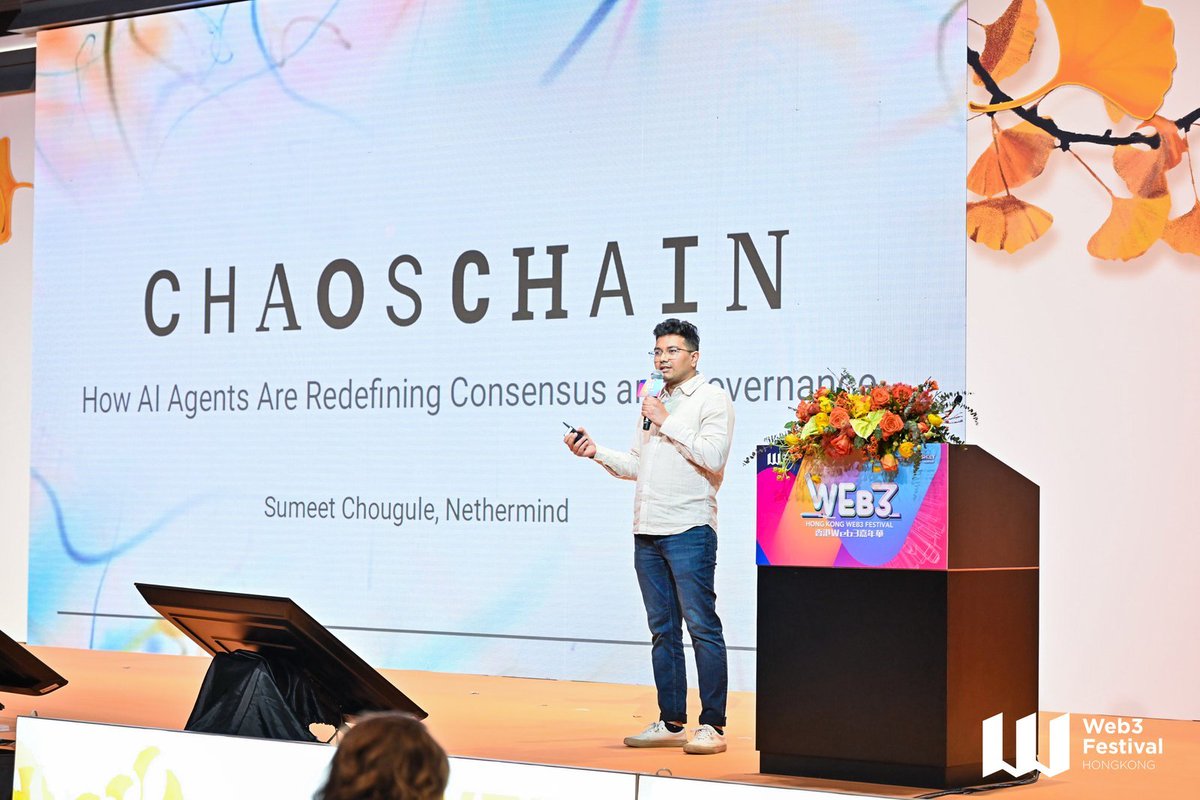 DRK_Lab's tweet image. 🎓 Sumeet Chougule @_sumeetc, Team Lead, ChaosChain, Nethermind, is giving a speech on "ChaosChain: How AI Agents Are Redefining Consensus and Governance" at #WSC2025.
🗓️Apr 8, 2025 | 09:30-17:30
📍STAGE 2, HK WEB3 FESTIVAL
🔗Livestream: youtube.com/watch?v=PG5fw6…
#WSC2025…