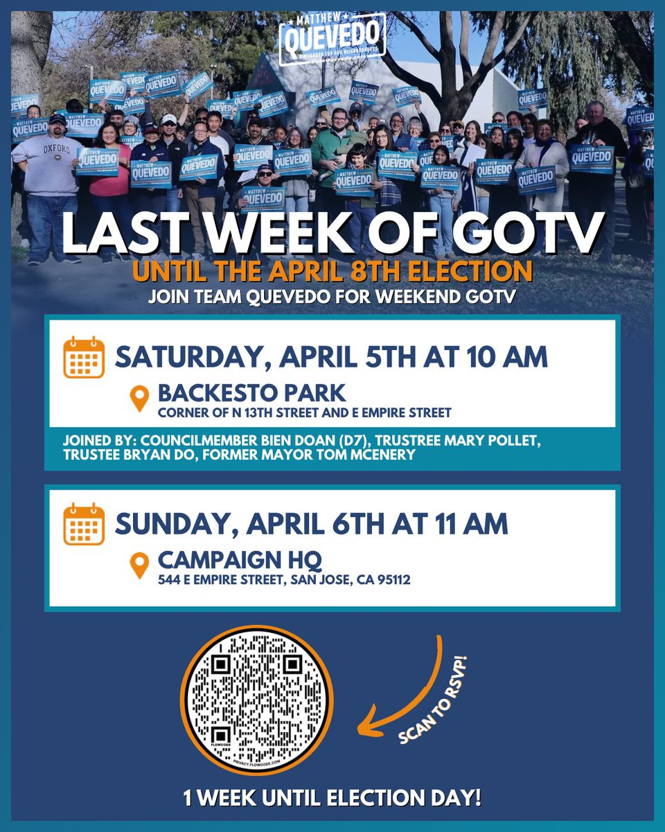 Join Team Quevedo for one last big push before Election Day! We’re so close to the finish line, so let’s give it everything we’ve got and go all in. Bring a friend or two and RSVP now at bit.ly/teamquevedogotv or through the link in bio!