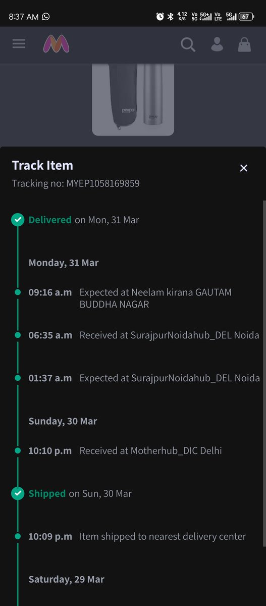ak_47amit's tweet photo. I am amit kumar living in surajpur greater noida
Just I want to inform you that  recently I have purchased a water bollte from myntra around rs 534.
Now I check status of delivery but I see in status section there is product status shown delivered but item not received yet. https://t.co/SB6iFaaCLr