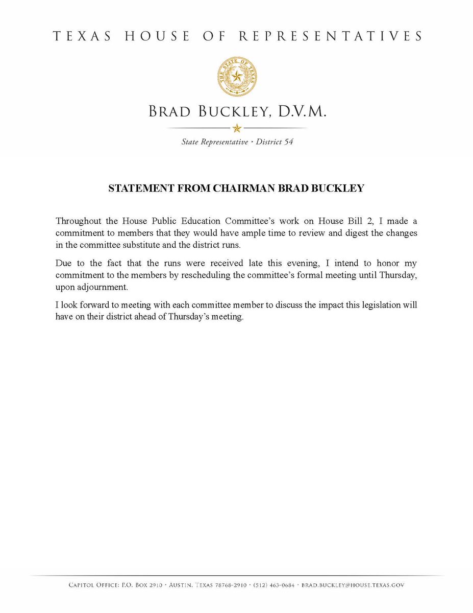 BradBuckleyDVM's tweet image. Please see my statement below regarding the postponement of the April 1 Public Education meeting. #txlege