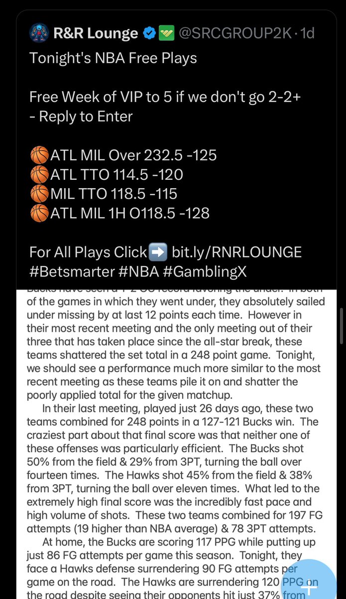 NBA Free Play Tuesday? 
- 1 Free every 300 Likes/Replies/RTs

NBA Free Plays Sunday &amp; Monday 
🏀ATL MIL O232.5✅
🏀ATL O114.5✅
🏀MIL O118.5✅
🏀ATL MIL 1H O118.5✅
🏀BKN DAL Over 216.5✅
🏀BKN TTO 103.5✅
🏀DAL TTO 112.5❌

#Betsmarter #GamblingX