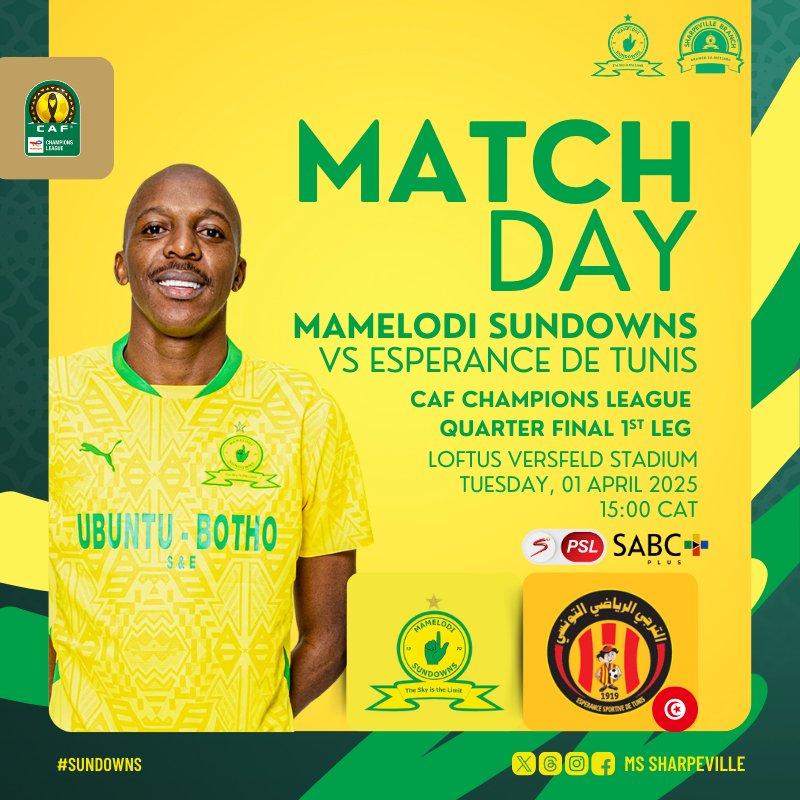 MS_Sharpeville's tweet photo. 𝗠𝗔𝗧𝗖𝗛 𝗗𝗔𝗬
🆚 Esperance de Tunis 🇹🇳
📆 01 April 2025
🏆 #TotalEnergiesCAFCL
🏟️ Loftus Versfeld Stadium
⌚️ 15:00
#Sundowns 👆 #TotalEnergiesCAFCL #SUNEST 🇿🇦🇹🇳 https://t.co/HBQSMGxb2q