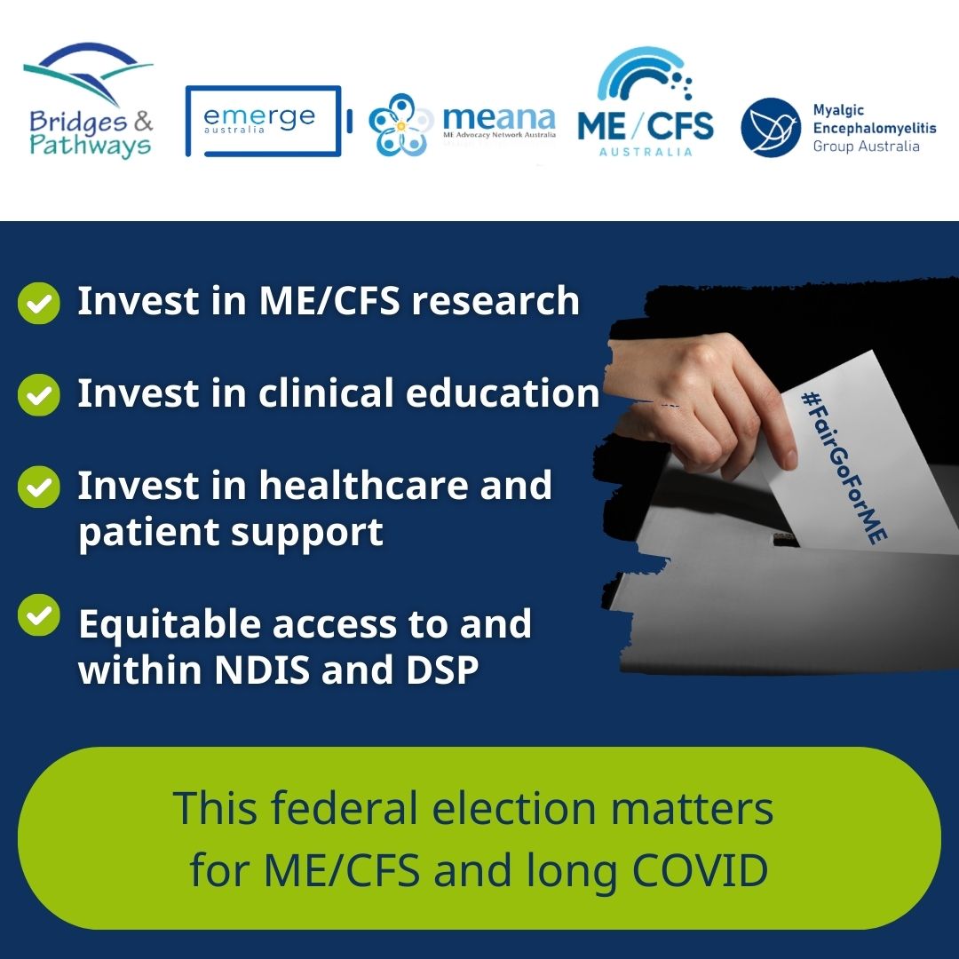 EmergeAus's tweet photo. Make the 2025 election count for ME/CFS and long COVID sufferers! Follow and engage with candidates on Facebook. Demand research funding, clinical education, and disability support. Visit [ https://t.co/VYSszSzX3Q] to find your electorate and https://t.co/WmsiX0c1Pk https://t.co/vrzcUpRhCx