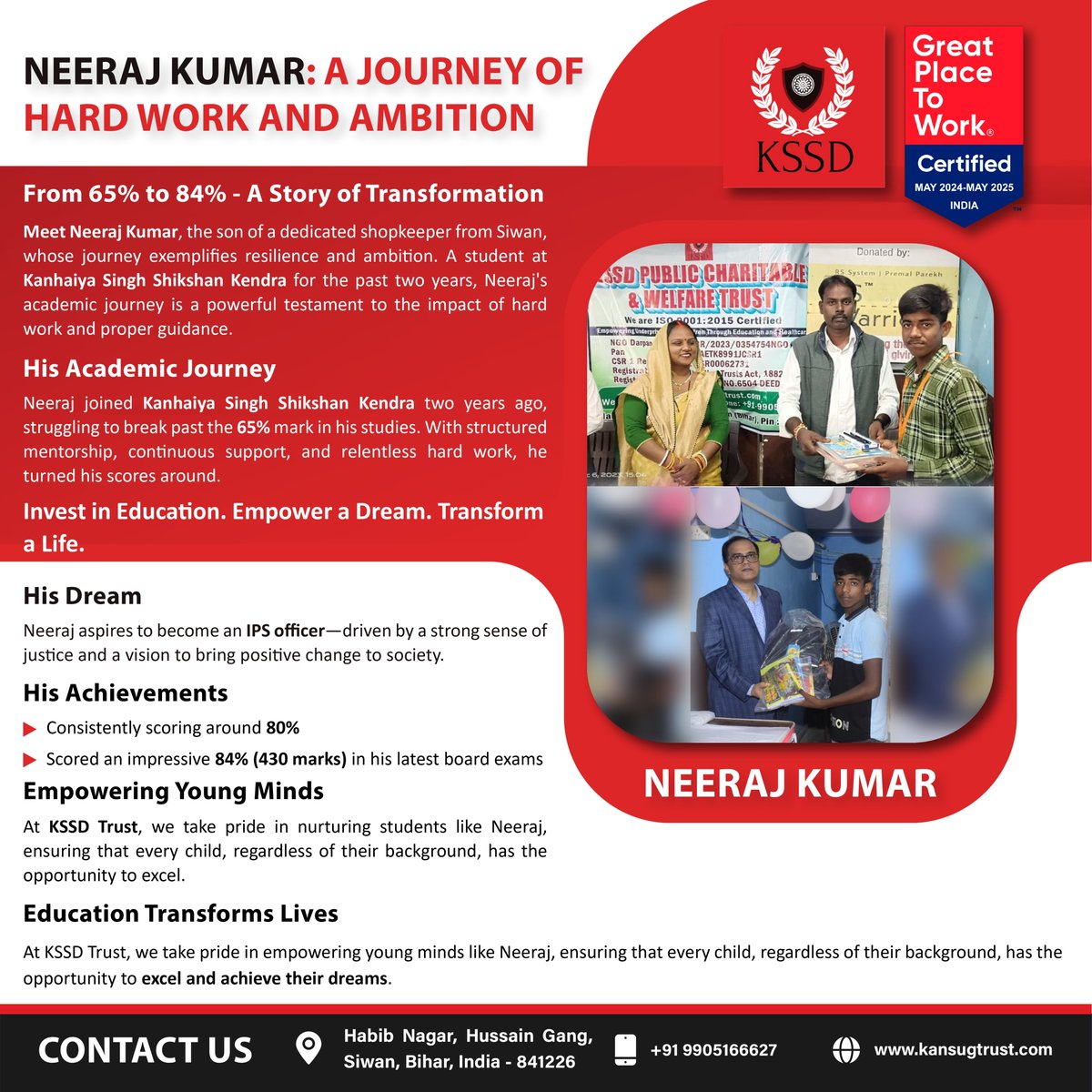 🚀 From 65% to 84%! Neeraj dreams of becoming an IPS officer. With the right support, dreams take flight! ✨ #KSSDTrust #SuccessStory