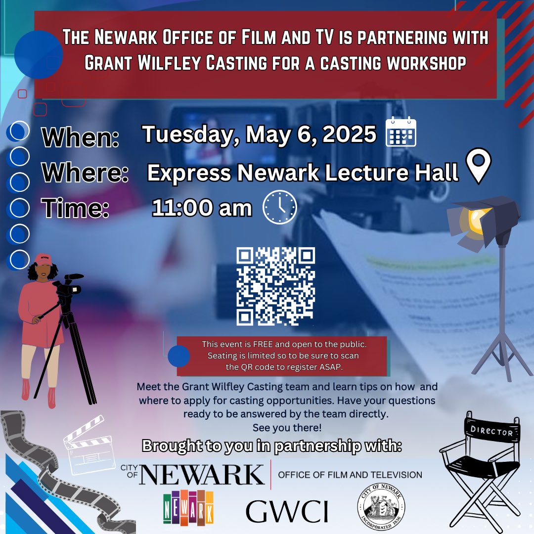 Attend the casting workshop presented by  NOFTV, <a href="/GWCNYC/">GrantWilfleyCasting</a> <a href="/CityofNewarkNJ/">City of Newark</a> and <a href="/newarkartsed/">Newark Arts & Education District</a>. Scan the QR code to register