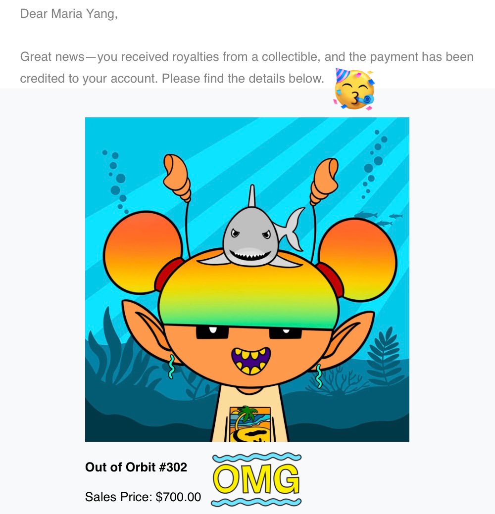 Hey everyone❣️ Our ‘Out of Orbit’ NFT collection is buzzing in the secondary market, and guess what?!

One of our pieces just sold for $700 (original mint price was $25)—the highest resale price so far!🎉🥳

Huge shoutout to tfbdjsxrntcve394 for minting this piece and an even