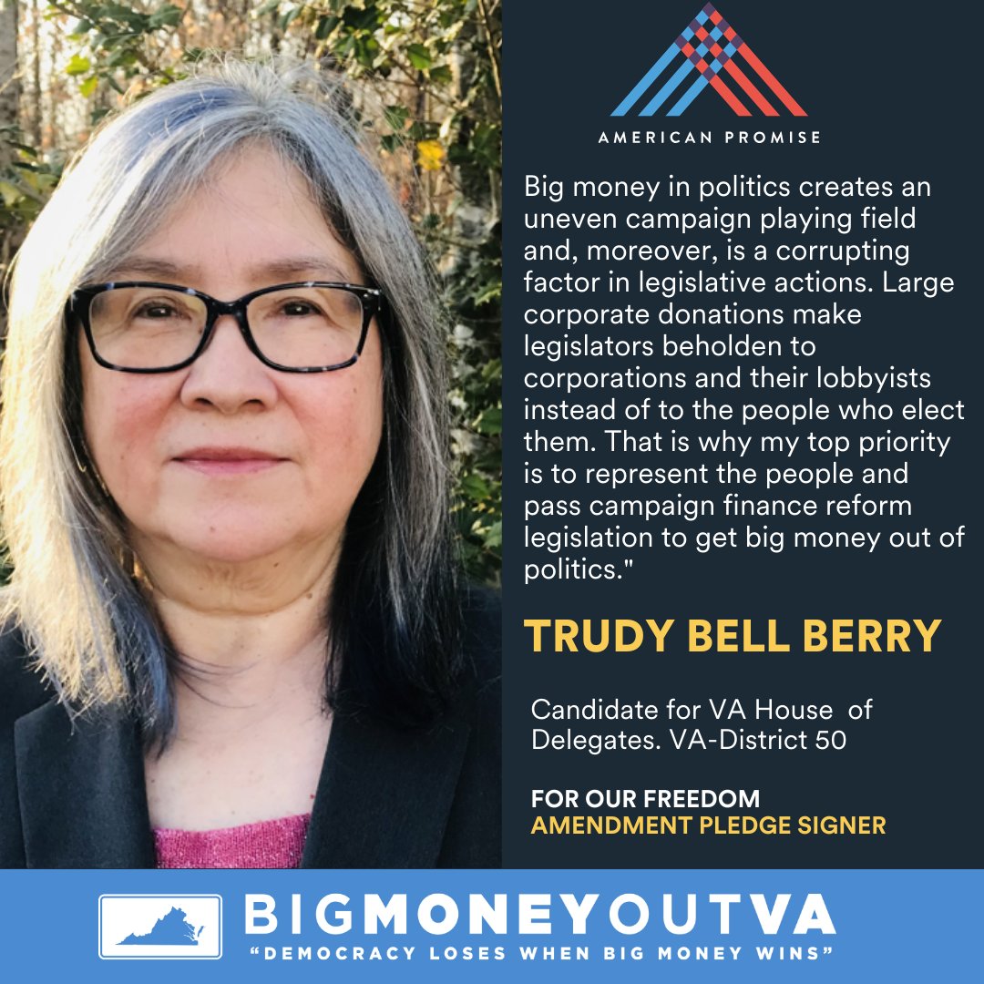 MoneyOutVA's tweet photo. Thanks to Trudy Bell Berry, running as an independent in VA-District 50 (south of Lynchberg and Richmond) for signing our @usapromise #moneyout pledge. Yes, Virginians want legislators to represent them, not corporations or special interest. https://t.co/JVhUWF4FZQ