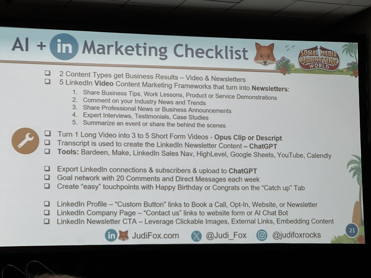 Your Ultimate AI + LinkedIn Checklist

  - <a href="/Judi_Fox/">🦊 Judi Fox</a> 🦊 #SMMW25 #linkedintips
