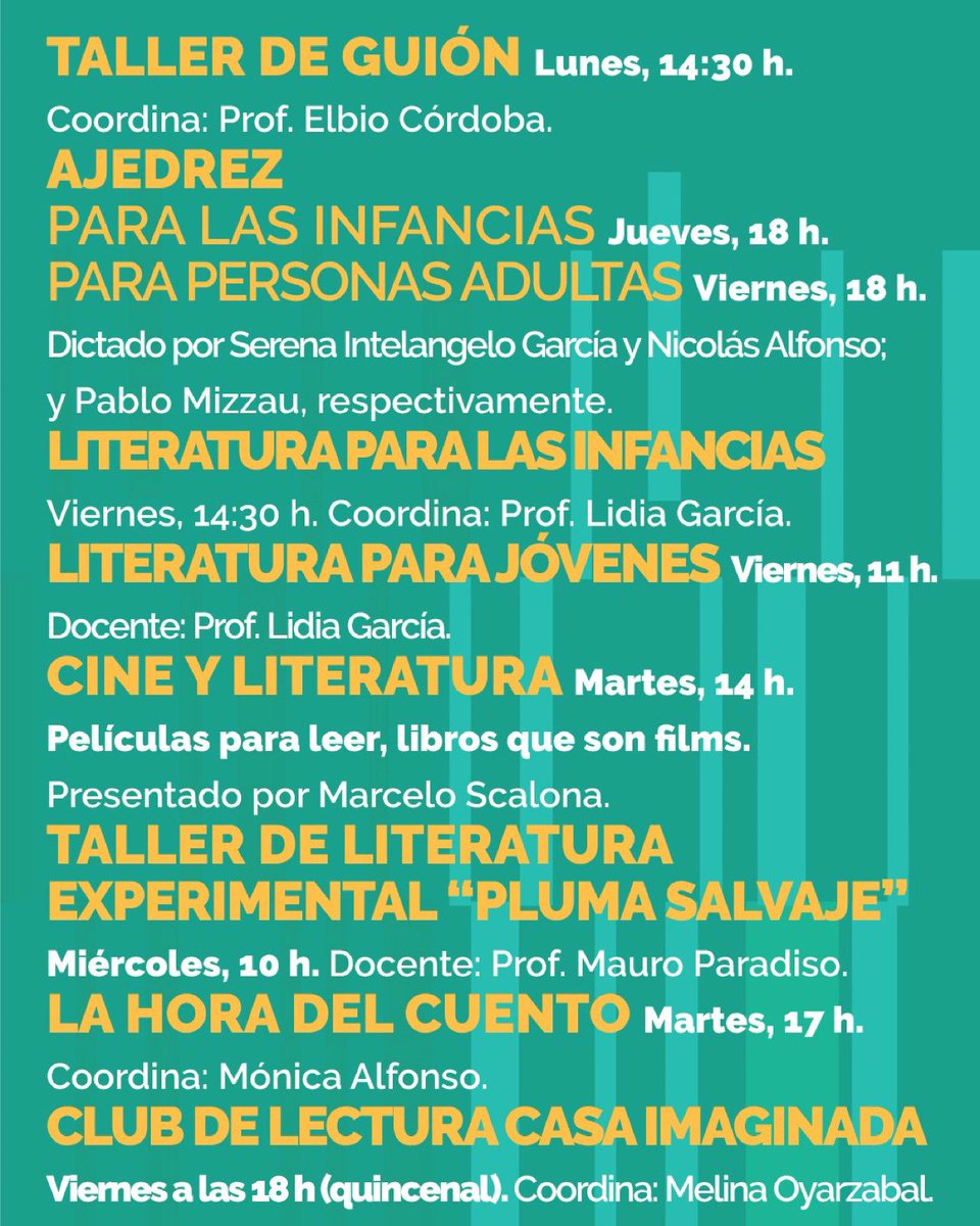 Gratuitos y abiertos a toda la comunidad 🙌

¡EN ABRIL VUELVEN LOS TALLERES A LA BIBLIO!

🎬 Guión, 🎦 Cine, ♟️ Ajedrez, 📖 Literatura, 🗣️ Narración, ✍️ Escritura. 

¡Sin inscripción previa y para todas las edades!
 
+info: biblioargentina.gob.ar/web