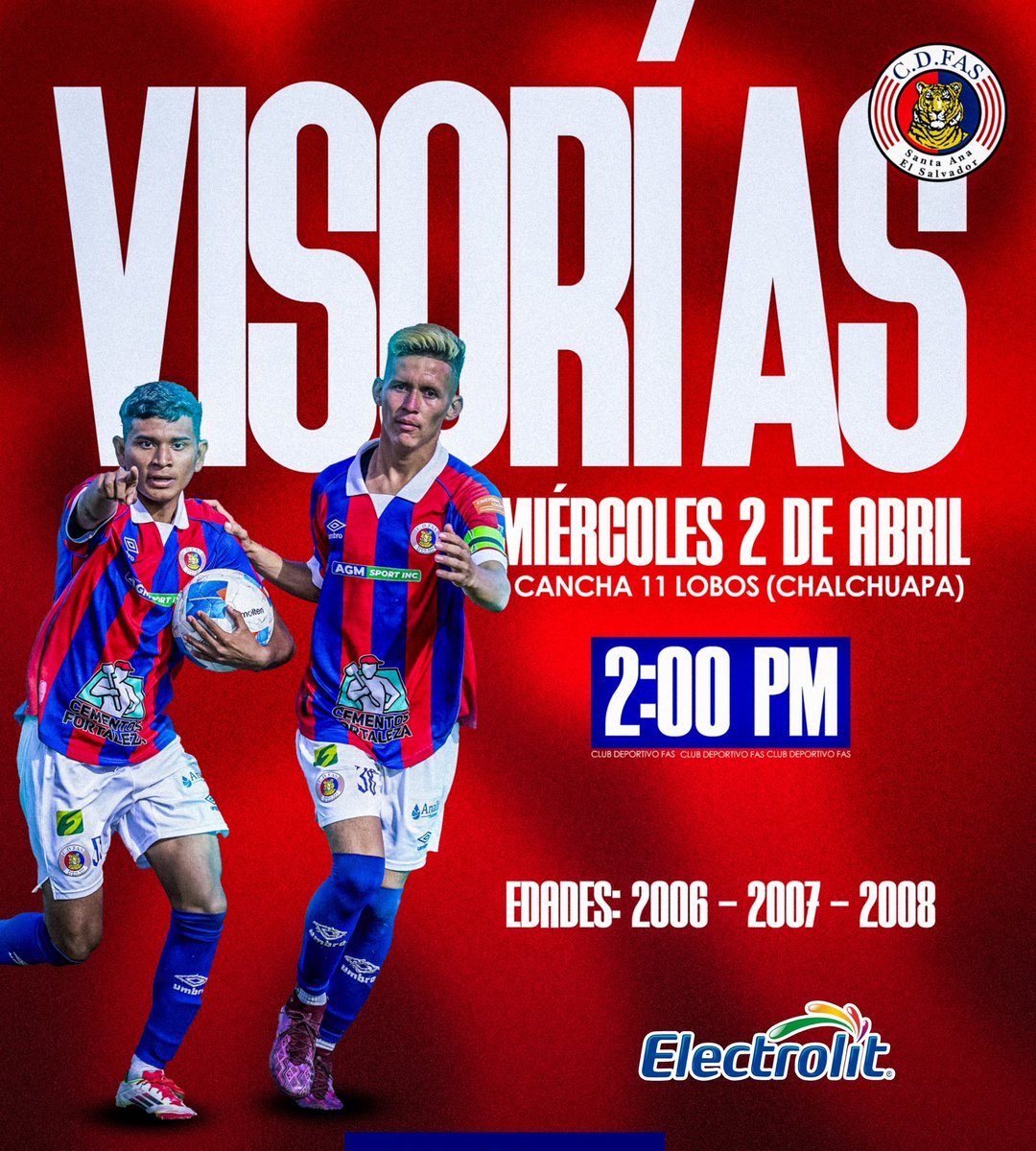 CDeportivoFAS's tweet photo. 🔴🔵 Si naciste en 2006, 2007 o 2008, es tu momento de defender estos colores con C.D. FAS. 🐯⚽
Participa en nuestras visorias y únete al programa “Talento y Éxito”
#CDFAS #CL2025 #VISORIAS https://t.co/jVZSy5KW4a