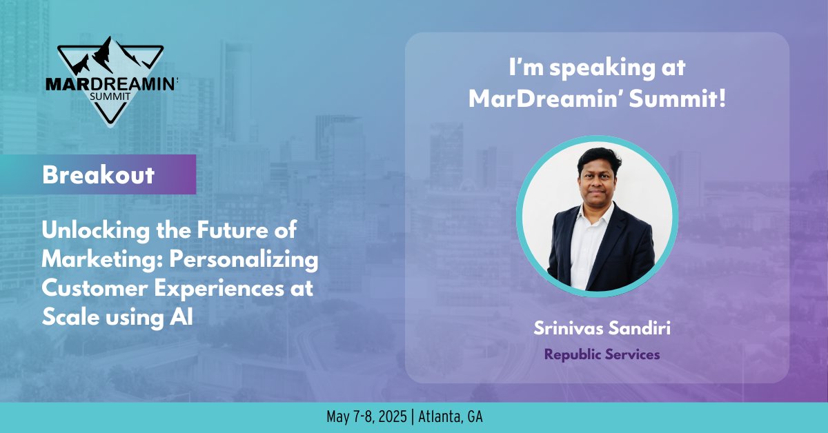 Today's buyer expectations are higher than ever and personalization is now table stakes. Learn how to personalize customer experiences at scale using AI at MarDreamin' Summit with Srinivas Sandiri from Republic Services. #mardreaminsummit25 #AI

Sign up: mardreamin.com/summit-registr…