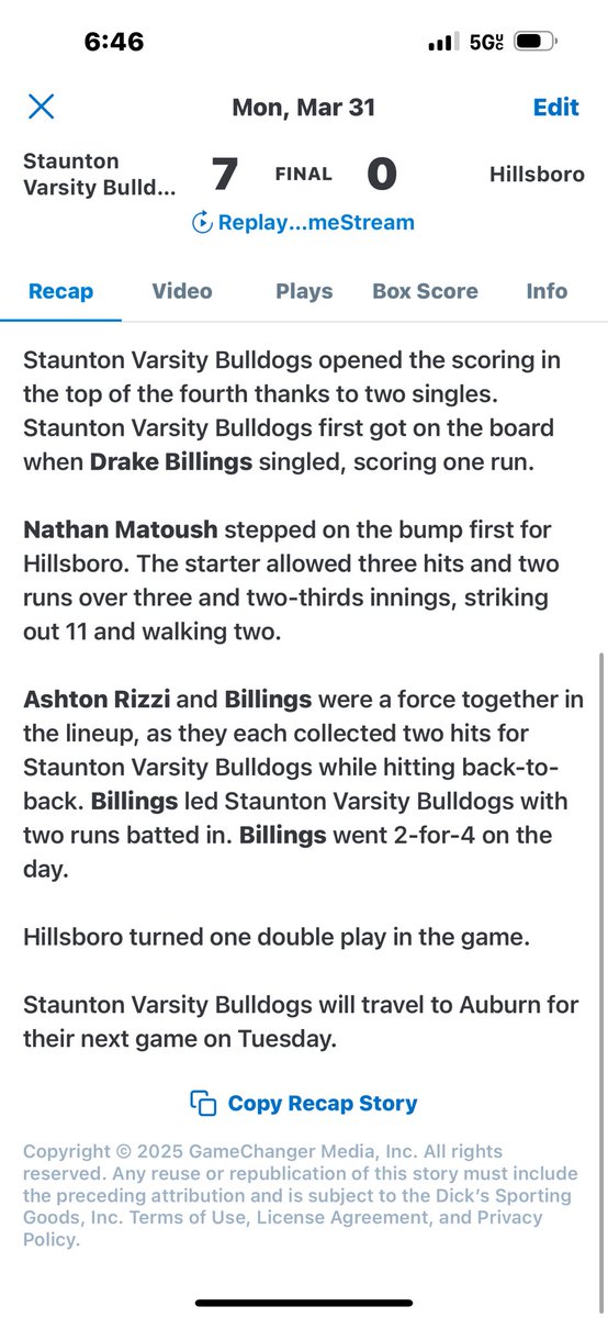 No Hitter Alert!!
Reese Bohlen 
CG, OH, 2BB, 17K