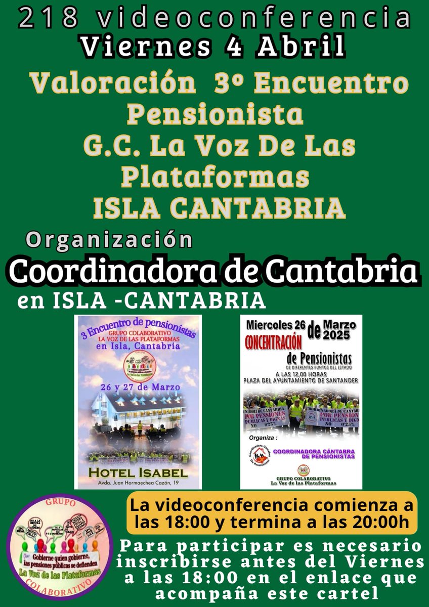 Mov. Defensa Pensions Públicas e do publico Lugo (@modepenl) on Twitter photo #EncuentroPensionista
#UnionDeAccion
*Valoracion 3º Encuentro Pensionista en ISLA CANTABRIA*
Inscríbase en el enlace👇🏻👇🏻👇🏻👇🏻
*us02web.zoom.us/meeting/regist…*
Recibirá E-mail para unirse
<a href="/pensionazo_no/">G. C. LA VOZ de LAS PLATAFORMAS</a>
<a href="/PorLaUnidadPens/">@PorLaUnidadSocial</a>
<a href="/LaVozenIgualdad/">La Voz de las Plataformas por la igualdad.</a> #EncuentroPensionista
#UnionDeAccion
*Valoracion 3º Encuentro Pensionista en ISLA CANTABRIA*
Inscríbase en el enlace👇🏻👇🏻👇🏻👇🏻
*us02web.zoom.us/meeting/regist…*
Recibirá E-mail para unirse
<a href="/pensionazo_no/">G. C. LA VOZ de LAS PLATAFORMAS</a>
<a href="/PorLaUnidadPens/">@PorLaUnidadSocial</a>
<a href="/LaVozenIgualdad/">La Voz de las Plataformas por la igualdad.</a>